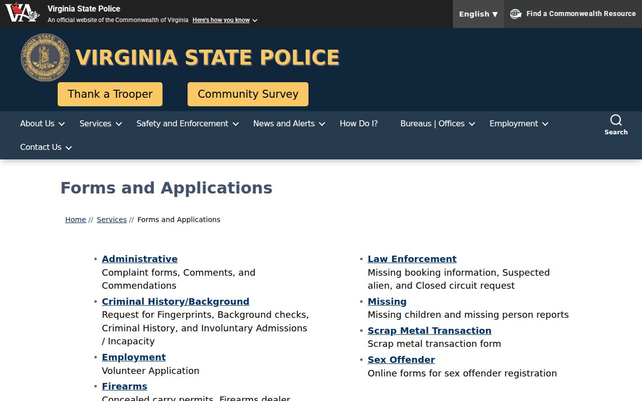 Campbell County criminal history forms from Virginia State Police