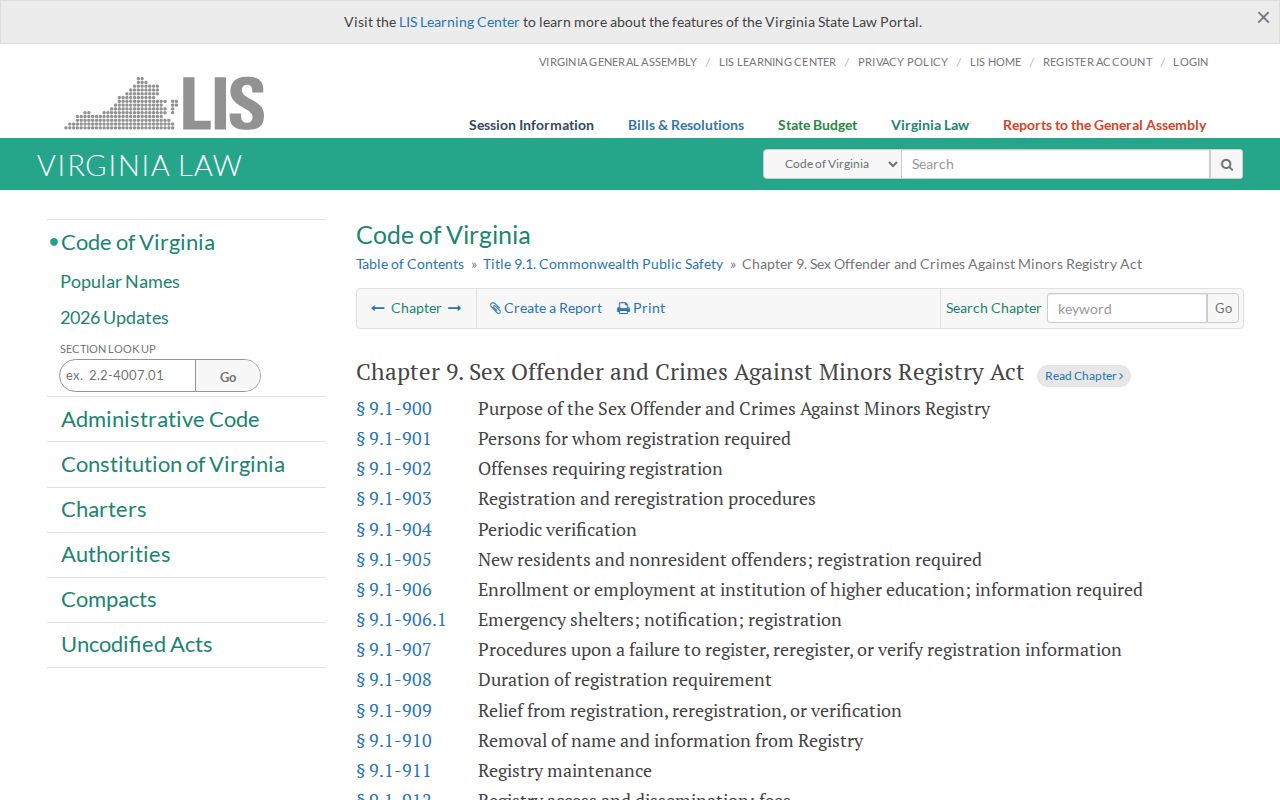 Virginia law governing Campbell County sex offender registry profiles